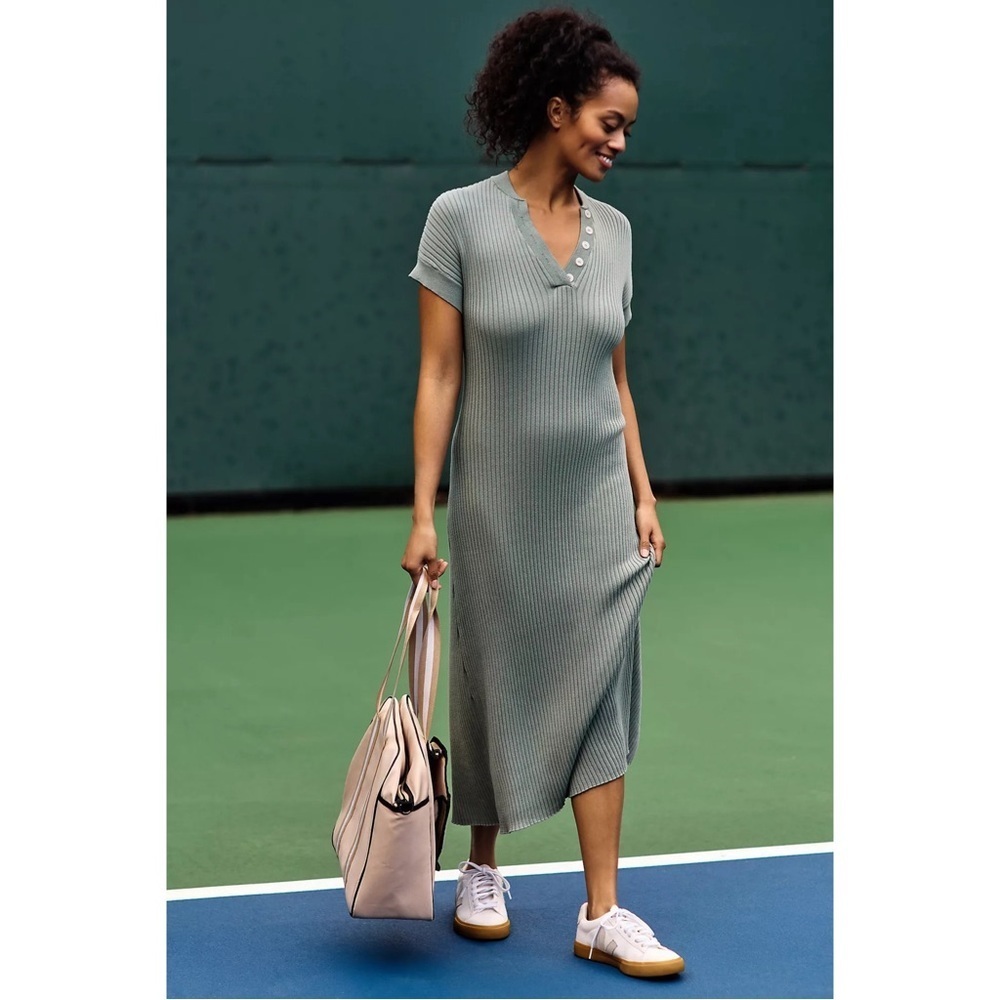 Varley Aria Mint Green Rib Knit Midi Dress M Button V Neck Tennis Sporty Stretch